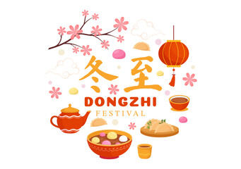 Dongzhi or Winter Solstice Festival Vector Illustration on December 22 with Chinese Food Tangyuan and Jiaozi in Flat Cartoon Background Design