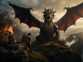 a scene with dragons, warriors, and magical landscapes