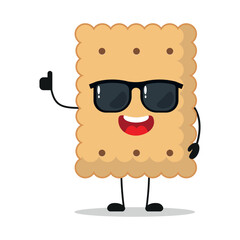 Cute happy biscuit character wear sunglasses. Funny cookie greet friend cartoon emoticon in flat style. closet vector illustration
