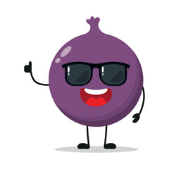 Cute happy fig character wear sunglasses. Funny fruit greet friend cartoon emoticon in flat style. closet vector illustration