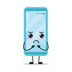 Cute gloomy smartphone character. Funny sad mobile phone cartoon emoticon in flat style. closet vector illustration