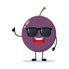Cute happy passion fruit cartoon wear sunglasses. Funny fruit greet friend cartoon emoticon in flat style. closet vector illustration