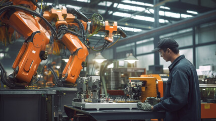Male worker is operating automatic assembly line in factory,AI Generative