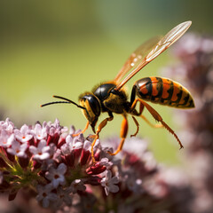 closeup potter wasp flying in garden.