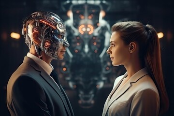 Love and relationship between human and robot on sci-fi background. - obrazy, fototapety, plakaty