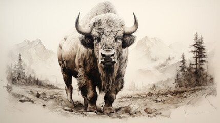 Pencil drawing of a  buffalo in the wild