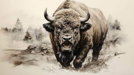 Pencil drawing of a  buffalo in the wild