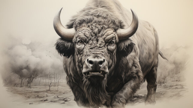 Pencil drawing of a  buffalo in the wild