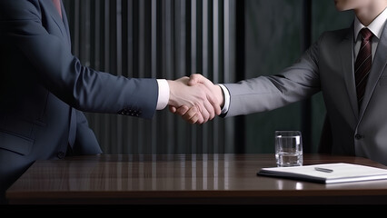 Two men shake hands after a business deal has been finalized. A sign indicates that a successful contract has been made. Generative AI - obrazy, fototapety, plakaty