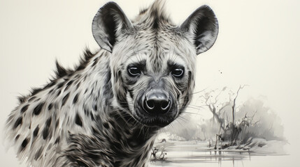 Black and white encil drawing of a hyena