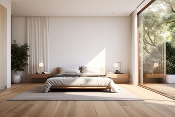 a bedroom with white walls and wood flooring the room has a large window that looks out onto the trees outside