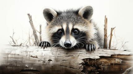 Black and white pencil drawing of a racoon