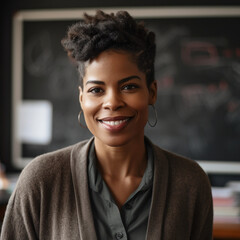 young black teacher smiling at camera, standing in front of a blackboard in class, classroom in the background 