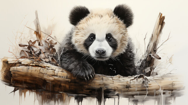 Black and white pencil drawing of a panda
