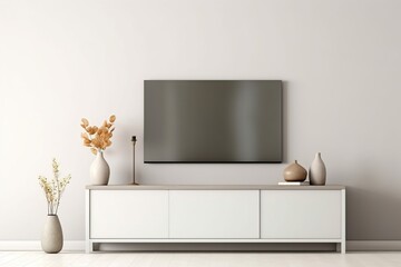 White wall, background, minimalist living room interior with wooden TV cabinet.