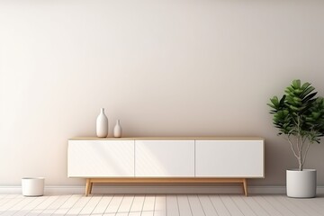 White wall, background, minimalist living room interior with wooden TV cabinet.