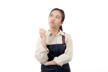 Portrait of young asian barista woman wearing apron gesture doubt and thinking idea isolated white background, waitress or entrepreneur thought and curious, small business or startup, waiter of cafe.