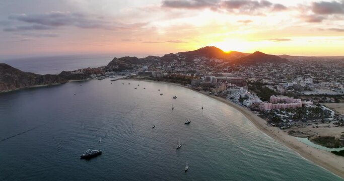 Cabo San Lucas Overview Aerial Landscape Rotating Panorama Sun Glow Behind the City Mexico Beach Paradise