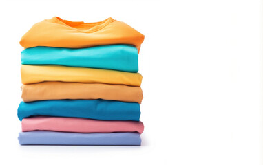 A stack of colored t-shirts on a white background