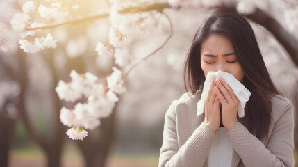 Young asian woman suffering from allergies or the flu blows her nose or sneezes into a handkerchief against the background of blossoming spring trees. - obrazy, fototapety, plakaty