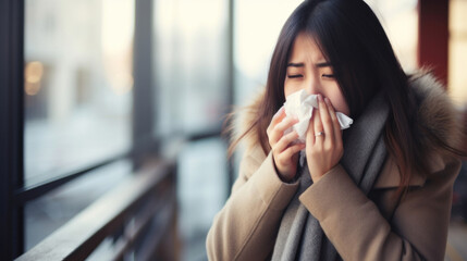 Young asian woman on a winter coat suffering from allergies or the flu blows her nose or sneezes into a handkerchief. - obrazy, fototapety, plakaty