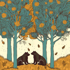 Playful bears in a forrest illustration, design resource, invitation, artwork, 