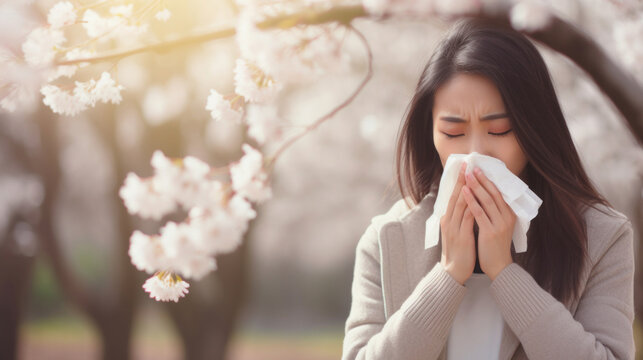 Young asian woman suffering from allergies or the flu blows her nose or sneezes into a handkerchief against the background of blossoming spring trees.