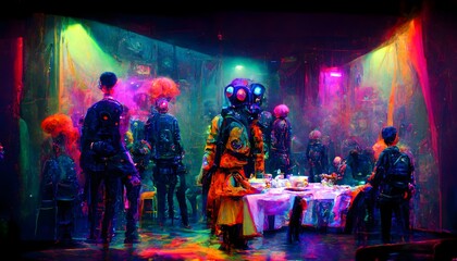 acid trip Psychedelics hallucinogens punks on stage in a dystopian dinner theatre with cyborgs in audiance cyberpunk realistic fine detail Tripping trippy Blacklight uv light 