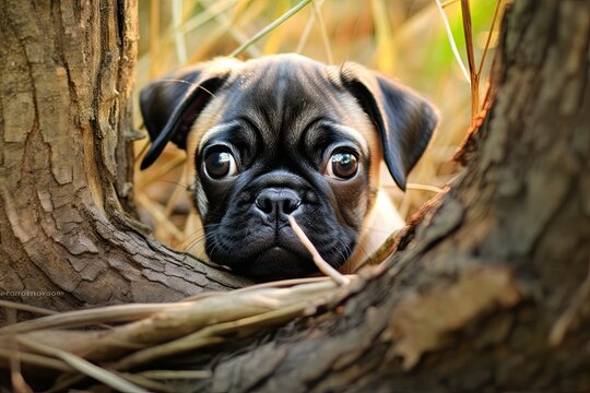 Cute Puppy Pug Photo: Curious Pup Exploring Surroundings - Adorable Pug Puppy Picture, generative AI