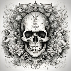 Skull with floral ornament. Tattoo artwork. Vector illustration.