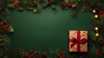 Idea of Christmas Day. Top view image of a large present box with green, crimson, and gold holiday decorations, as well as branches, against an empty, green background 8K.