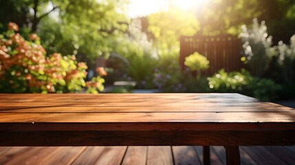 A blank wooden board against a green garden backdrop