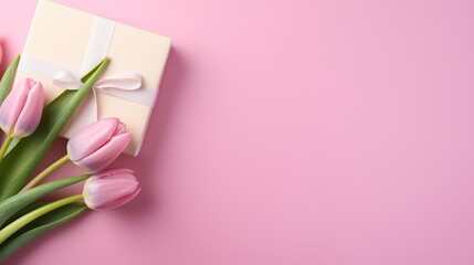 Top view of a gift box and a tulip flower with a pink background greeting card 8K.