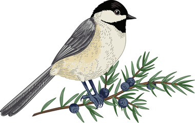 Bird on a juniper branch. Illustration with titmouse. Colorful. Linear art style. The titmouse looks to the side.