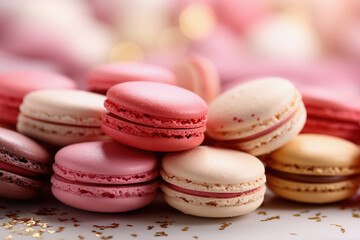 Obraz na płótnie Canvas Pink macarons dessert. Classic French cookies, festive background