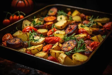 Foto op Aluminium Roasted vegetables on sheet pan oven tray, grilled autumn veggies © lermont51