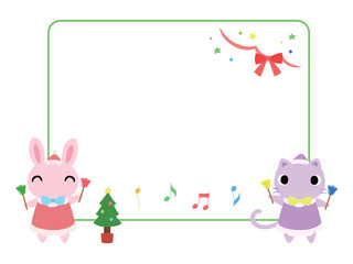 動物とクリスマスコンサートのフレーム　ウサギとネコ