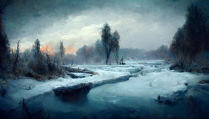 cold atmosphere frozen landscape cold creek  - obrazy, fototapety, plakaty