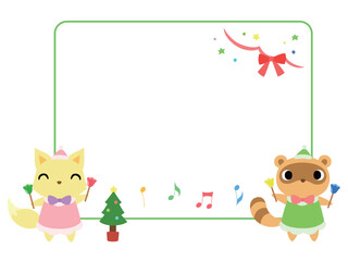 動物とクリスマスコンサートのフレーム　キツネとタヌキ
