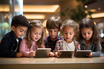 Obraz premium Group of young children holding tablet and hiding faces, gen Alpha. Generative AI.