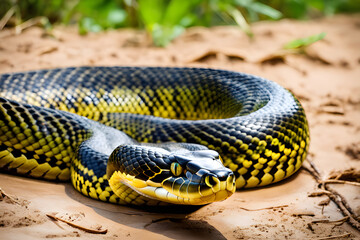 close up of black anaconda in the wild
