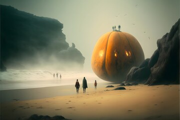 photo realistic a beach with a thin layer of fog at dawn giant pumpkins appear on the beach like rock formations the ocean is washing up against the pumpkins and people walk among them exploring  - obrazy, fototapety, plakaty