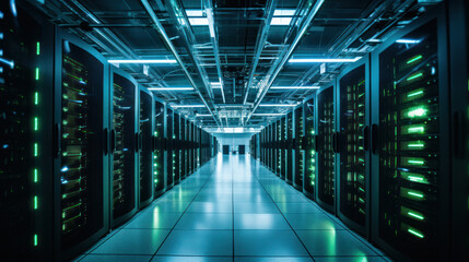 Fototapeta premium Shot of Corridor in Working Data Center Full of Rack Servers and Supercomputers with High Internet Visualisation Projection.