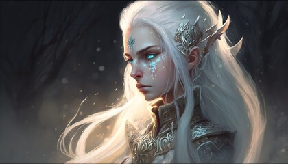 dd character style detailed drow elf woman long straight white hair with a long thick white braid on one side of her face snow queen hair Sharp drawing beautiful colors details realistic color depth  - obrazy, fototapety, plakaty