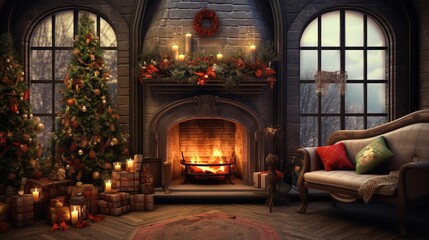 Fototapeta na wymiar Christmas advertisement design, a room with a fireplace and a Christmas tree, and a room adorned with Christmas gifts 8K.