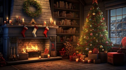 Christmas advertisement design, a room with a fireplace and a Christmas tree, and a room adorned with Christmas gifts 8K.