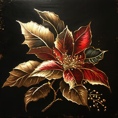 Luxury floral oil painting. Gold and red Christmas poinsettia flower on black