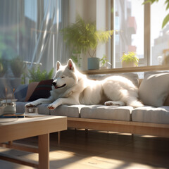 dog lying on a couch in a living room -.