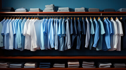 Colorful t-shirts and polo shirts. Preparation for the spring season. Shopping. Close-up. Selective focus. Clothing concept.