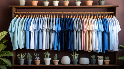 Colorful t-shirts and polo shirts. Preparation for the spring season. Shopping. Close-up. Selective focus. Clothing concept.